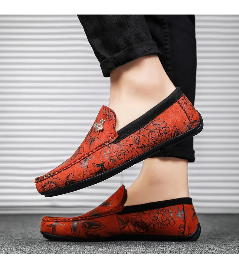 Luxury Brand Yellow Men Casual Shoes Fashion Flower Print Loafers Men Designer Flat Shoes Comfortable Slip-on Male Driving Shoes