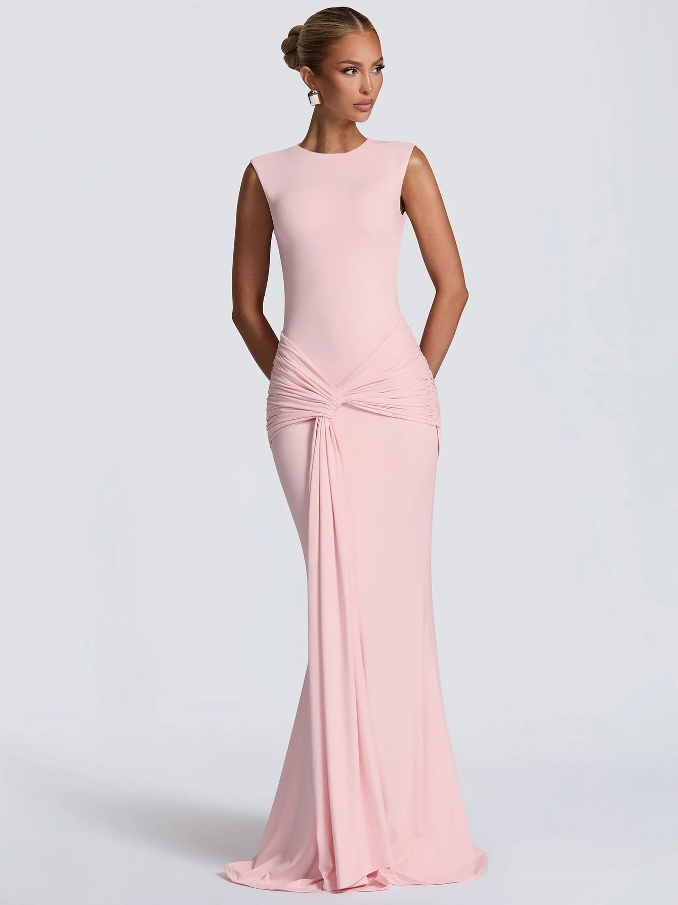 Dulzura O-Neck Sleeveless Backless Ruched Slim Ribbon Long Dress Women Solid Sexy Elegant Clothes Party Club Prom Summer Clothes