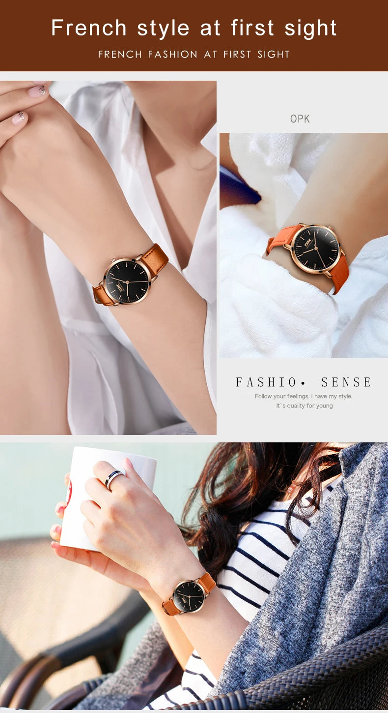 OPK 8101 Original Quartz Watch For Women Waterproof Leather Strap Hand Clock Simple Dial Top Brand Fashion Ladies Wrist Watches