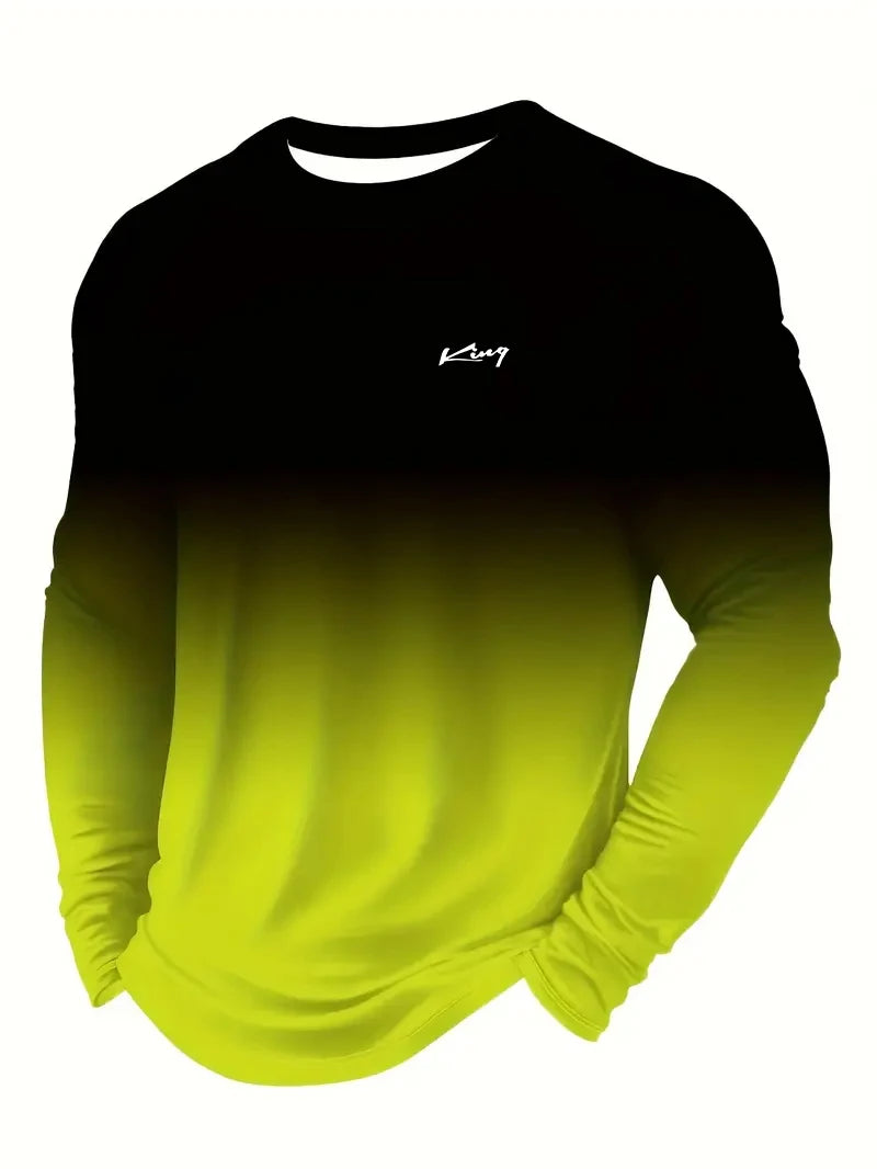 Spring Autumn Men Long Sleeve Round Gradient Color T Shirt Men Clothes Sport Pullover T Shirt 100% Polyester Breathable Tops