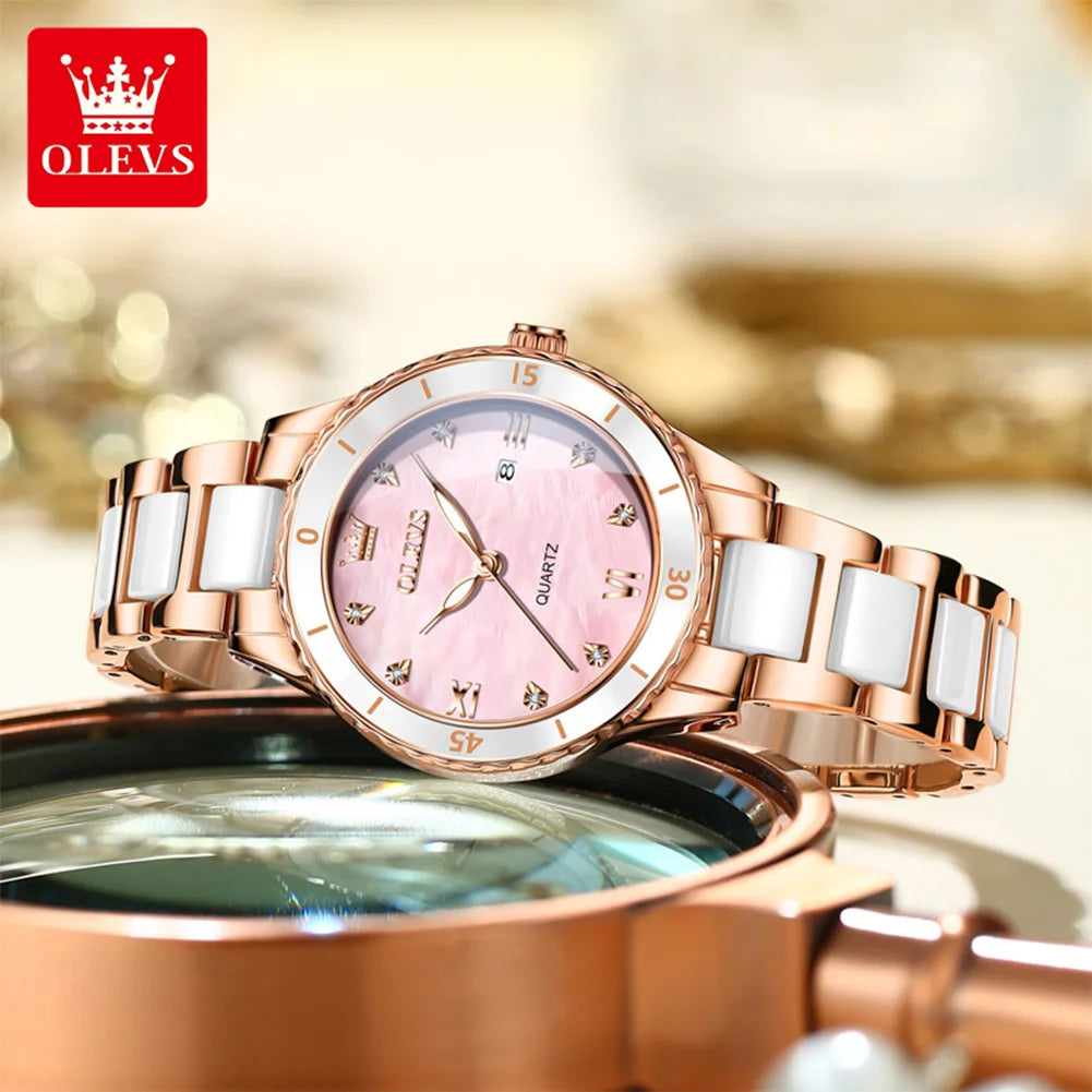OLEVS Women Watch Diamond Roman Scale Waterproof Calendar Elegant Quartz Watches Ceramic Strap Luxury Original Girls Watch 9985