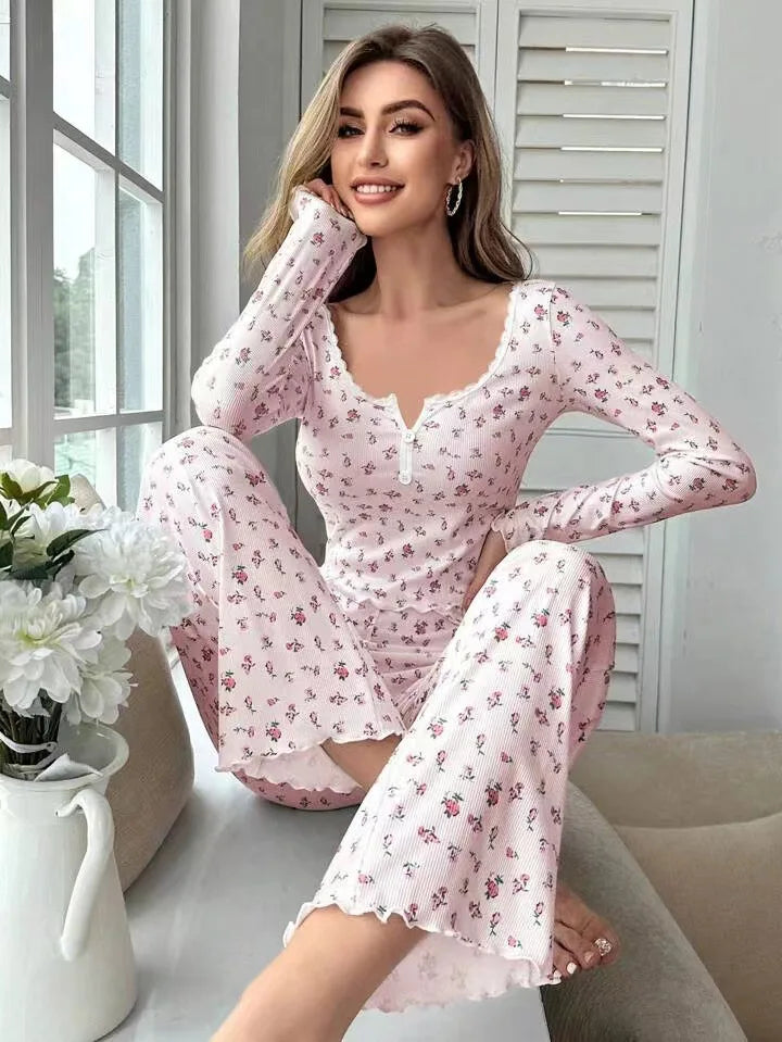 New Women Soft Comfortable sexy Floral Print Pajama Set Long Sleeve Top and Pants Loungewear Sleepwear Two Piece Set Homewear