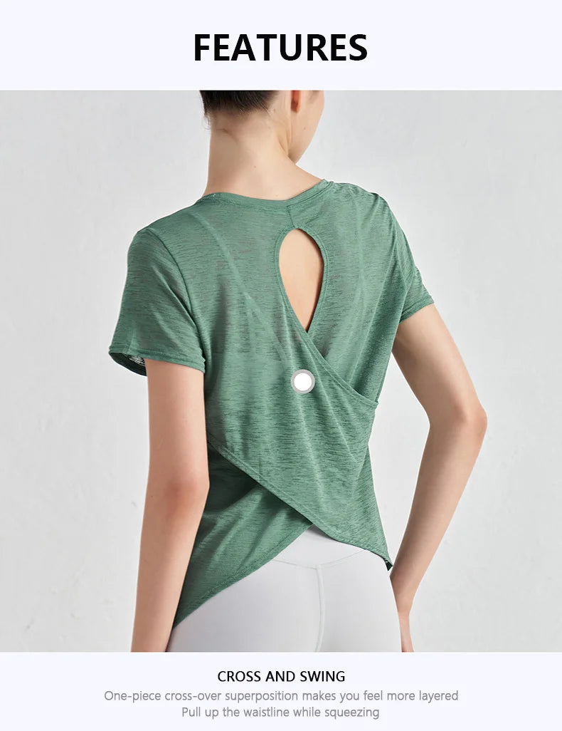 TRY TO BN Gym Tops Women Short Sleeve Sports Fitness Nylon Hollow Back Breathable Women's T-Shirt Training Runing Yoga Clothing