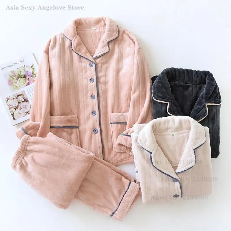Couple Pajamas Winter Thick Coral Fleece Lapel Cardigan Sleepwear Flannel Men Women's Home Clothes Intimate Lingerie Nightwear