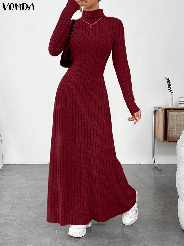 VONDA Women Turtleneck Sweater Dresses Autumn Long Sleeve Knitted Maxi Vestidos Elegant Office Streetwear Solid Party Robe Femme