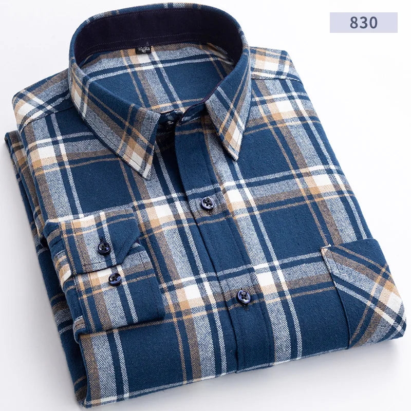 Cotton Flannel Mens Checkered Shirts Long Sleeve Soft Plaid Shirt for Men Leisure Classical Vintage Comfortable Man Clothing New