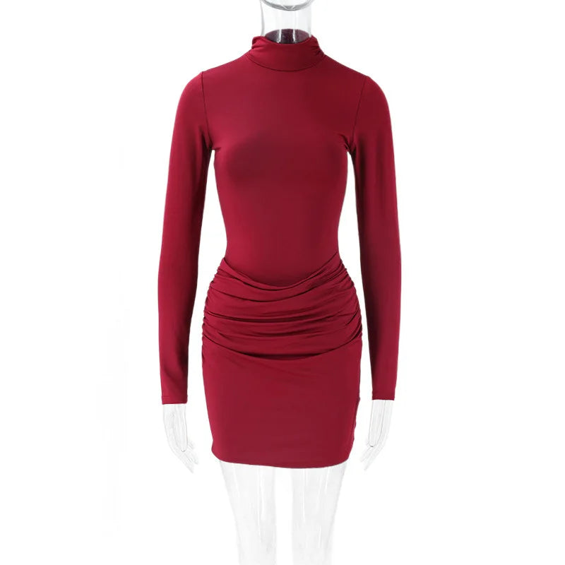 Winter Women Sexy Solid Bodycon Mini Dress Turtleneck Pleated Long Sleeve Slim Vestidos Elegant High Waist Club Party Streetwear