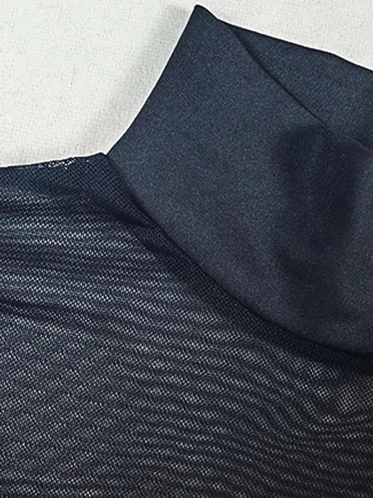 Beyprern Sexy Sheer Mesh Long Sleeve Mini Dress Y2K Women See Through Bodycon Short Skirt Stand Clubwear Party Outfit