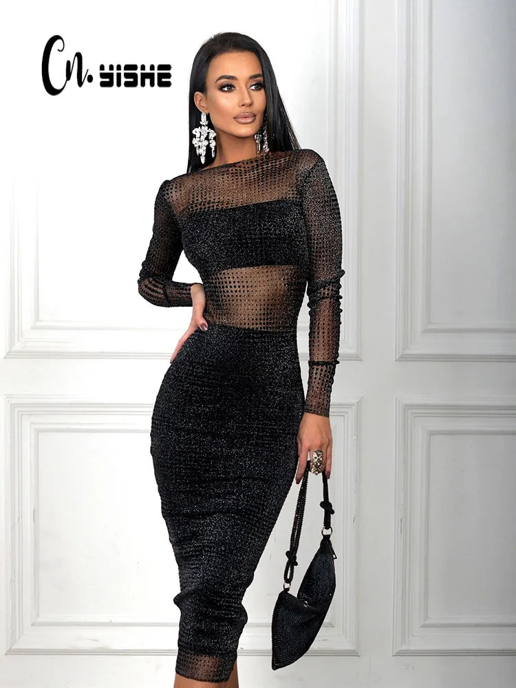 CNYISHE Mesh Patchwork Solid Sheer Bodycon Sheath Midi Party Dresses for Women Long Sleeve Slash Neck Outfits Sexy Club Female