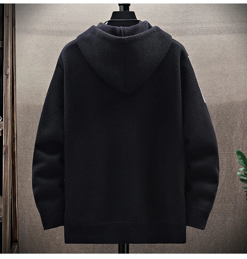 Mens Fashion Sweater Cardigan Fleece Lined Hood Sweaters Jacket Retro Sweaters Coat Zipper Up Knit Cardigans