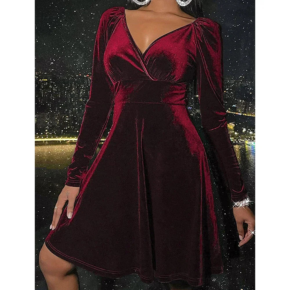 Women's Dresses Autumn Winter Decent Plain Long Sleeve Plunge Neck Nipped Waists Mini A-Line Party Dresses