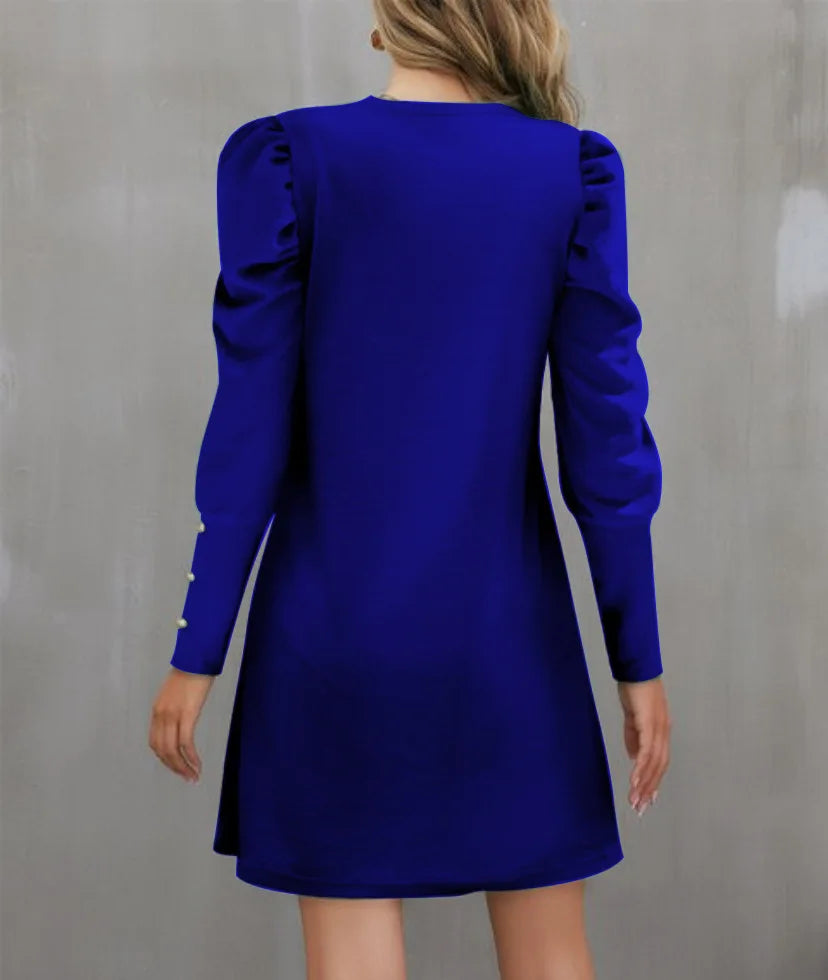 2025 Spring and Autumn New Round Neck Bubble Sleeve Button Decorative Long Sleeve Dress