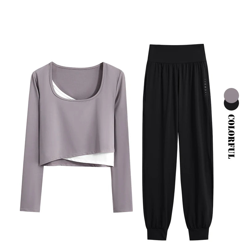 DRUR Women Yoga Set Loose Fit Gym Outfit Long Sleeve Top Pants 2 Piece Sportswear Outfit Running Jogging Suit Fitness Clothing