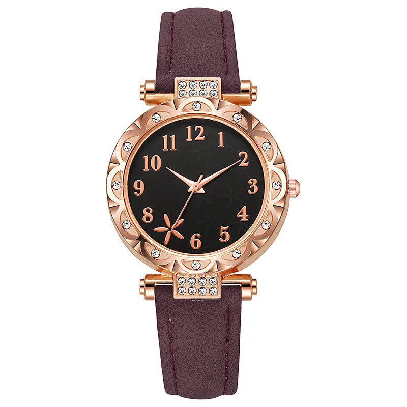 Fashion Sunflower Dial Watch Rose Gold Women's Starfish Quartz Watch Leather Strap Temperament Water Diamond