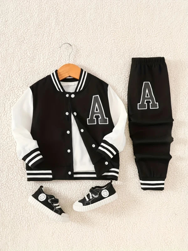 Boys' Black and White Letter "A" Varsity Jacket and Sweatpants Two-Piece Set