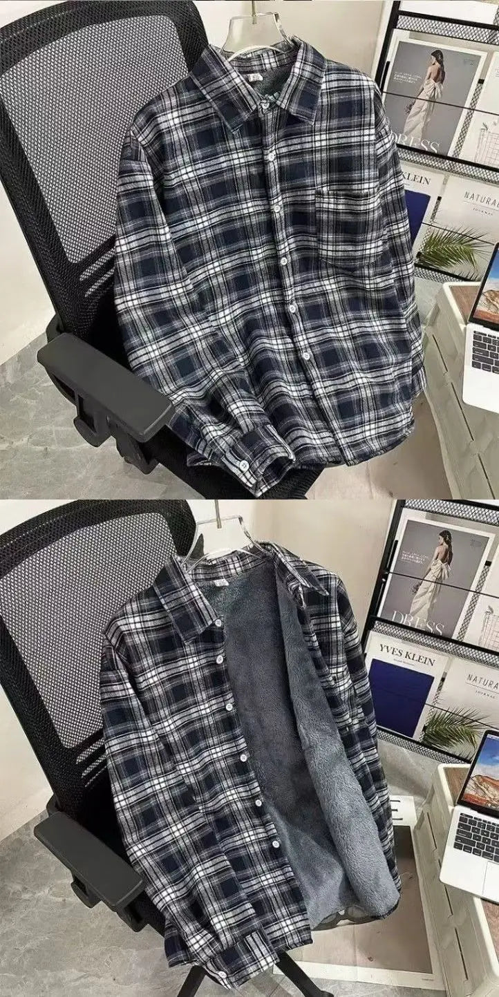 Men's Fleece Shirt Winter Thickened Long Sleeve Warm Shirts Black White Plaid Casual Button with Pocket All Matching Tops Coats