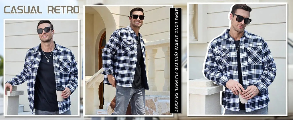 TACVASEN Winter Plaid Cotton Jackets Mens Long Sleeve Quilted Lined Flannel Shirt Jacket Multi-Pockets Outwear Hiking Coats Tops