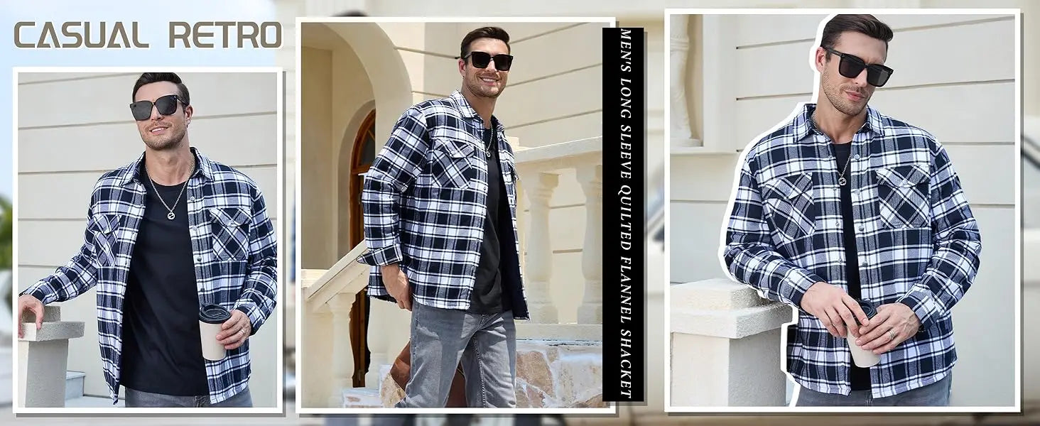 TACVASEN Winter Plaid Cotton Jackets Mens Long Sleeve Quilted Lined Flannel Shirt Jacket Multi-Pockets Outwear Hiking Coats Tops