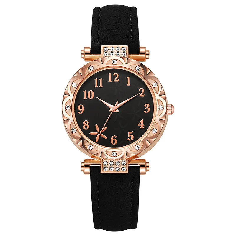 Fashion Sunflower Dial Watch Rose Gold Women's Starfish Quartz Watch Leather Strap Temperament Water Diamond