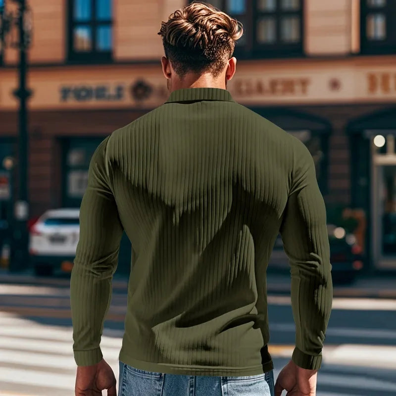 Men's Autumn  Classic Casual  Elastic Pit Strip Polo ShirtAmerican  Lapel Button-up Long-Sleeved T-shirt