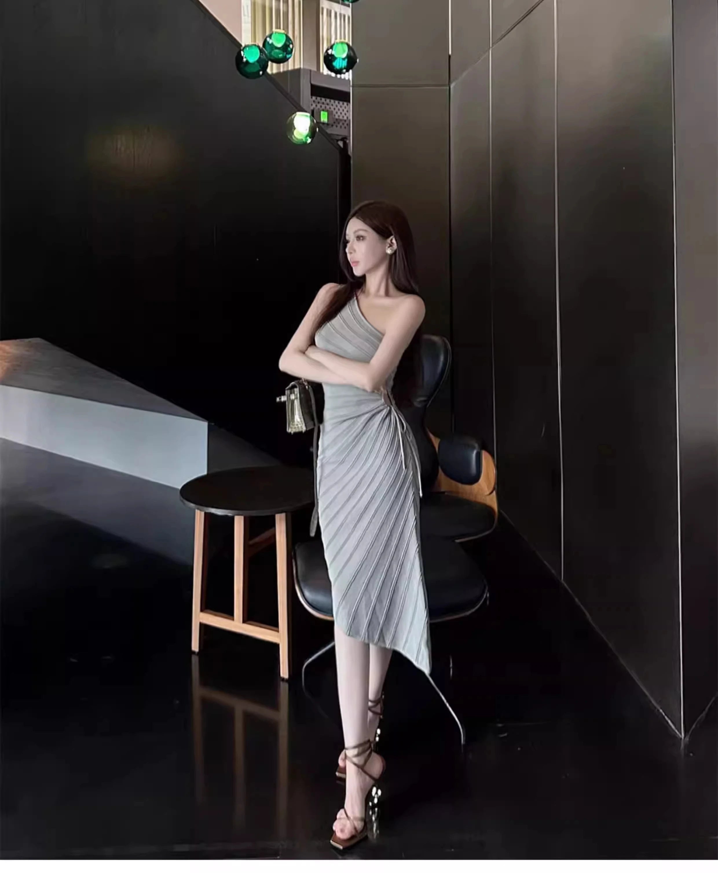 Women Elastic Summer Simple Party Dresses Sexy Irregular One Shoulder Stripe Sheath Pencil Dress
