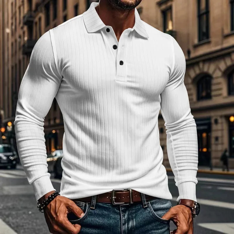 Men's Autumn  Classic Casual  Elastic Pit Strip Polo ShirtAmerican  Lapel Button-up Long-Sleeved T-shirt