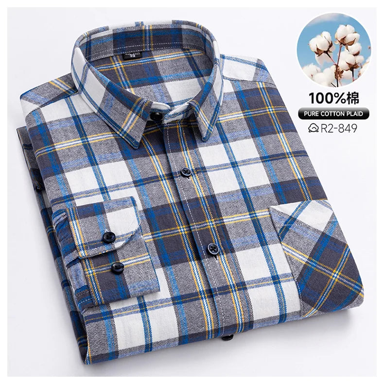 Pure Cotton Men's Plaid Shirts Long Sleeved Regular Fit Casual Office Fashion Shirts Leisure Autumn Male Check Blouses Plus Size