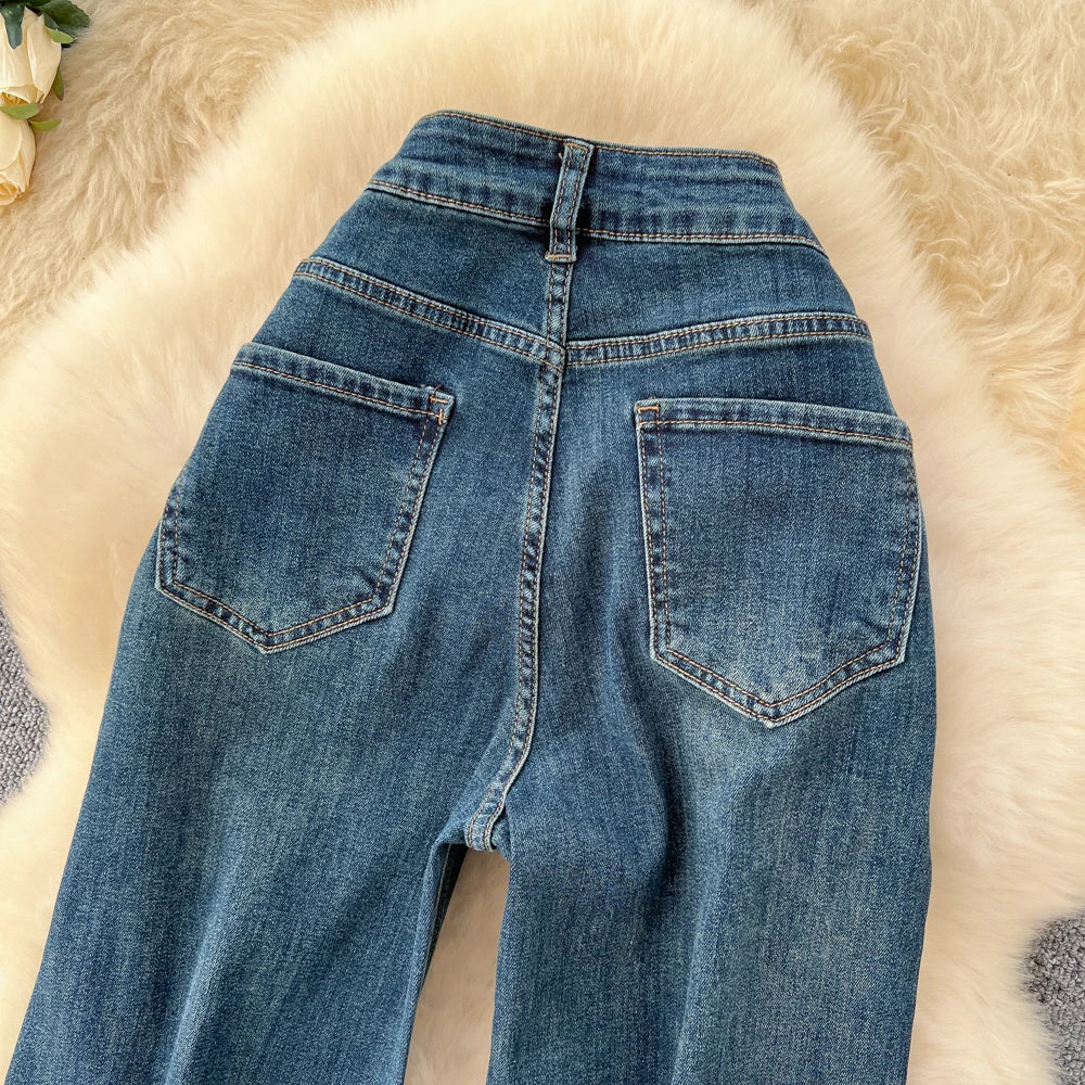 SINGREINY Female Do Old Vintage Jeans Zipper Casual Trendy Street Long Pants Chic High Waist Classic Versatile Boot Cut Trousers