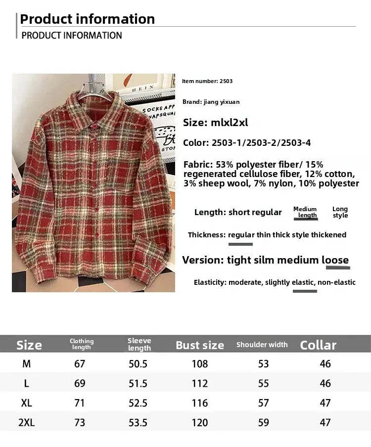 Retro American Plaid Long Sleeve Shirt Women's Lazy Style Loose Slimming Versatile Flannel Coat with Pocket Full Length Button u