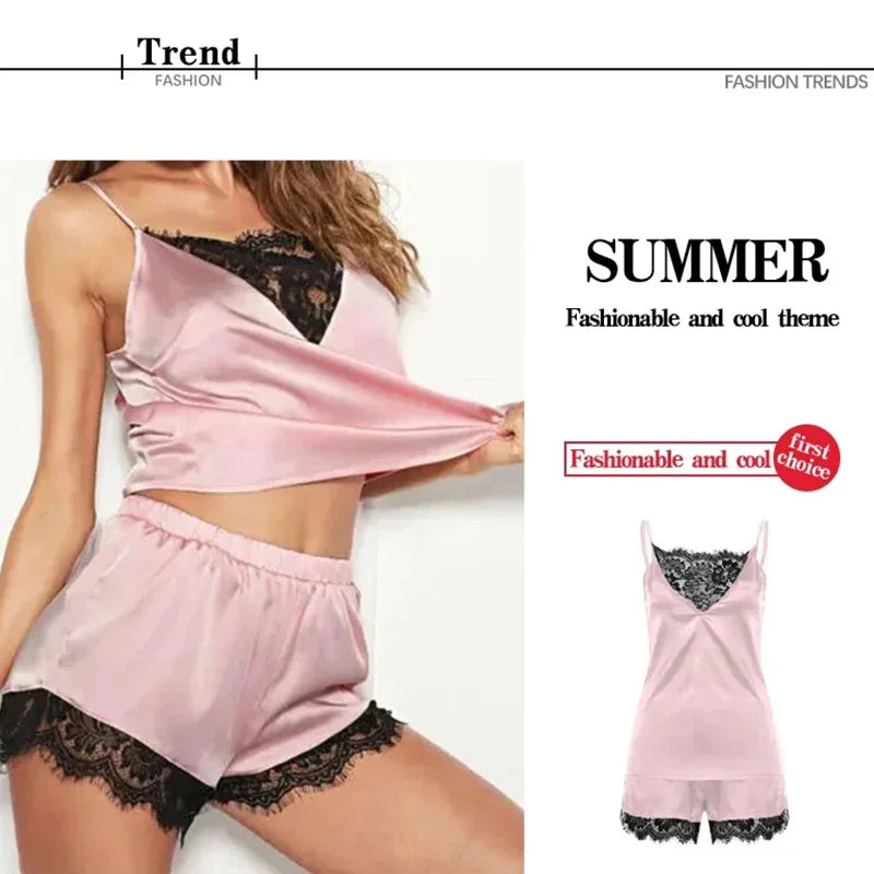 Lace Pajama Sets Ice Silk Women Pijama Mujer Strap Sleeveless Sexy Sleepwear Short Lingerie Set Female Night Wear