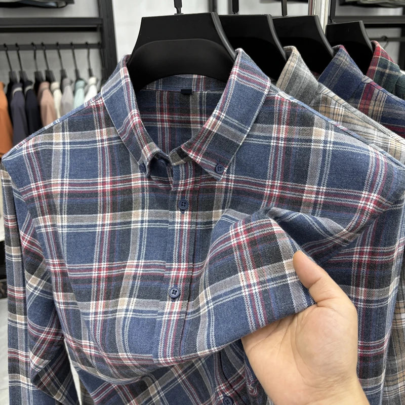 100Cotton High Quality Men's Lapel Contrast Plaid Long Sleeve Shirt Autumn New Matted Breathable Fashion Casual Trend Menswear