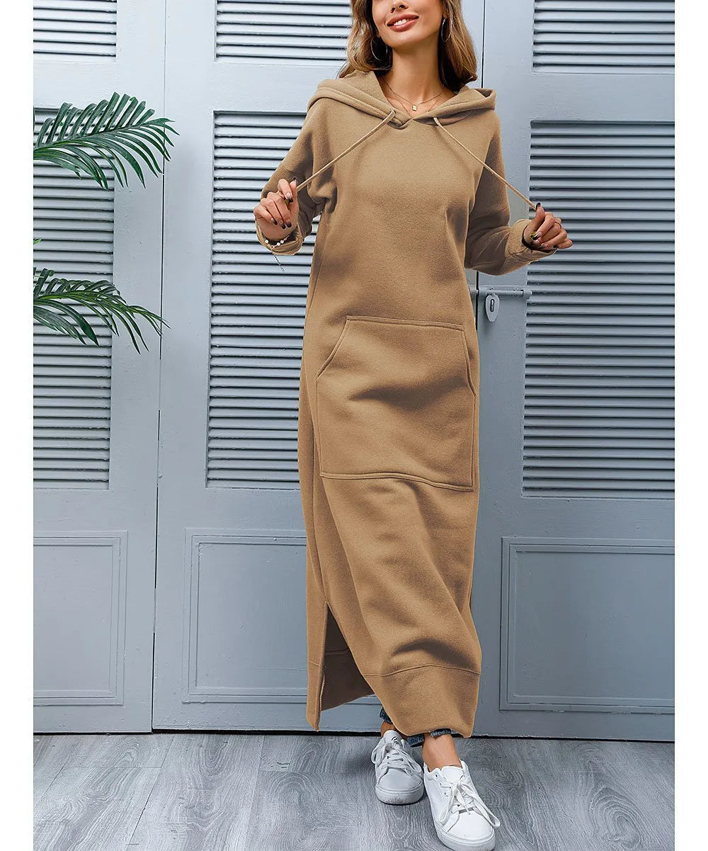 Autumn Winter New plus Size Loose Knitted Long Dress Hoodie Fleece Casual Fashion Dress Large Pocket Skirt Elegant Commute