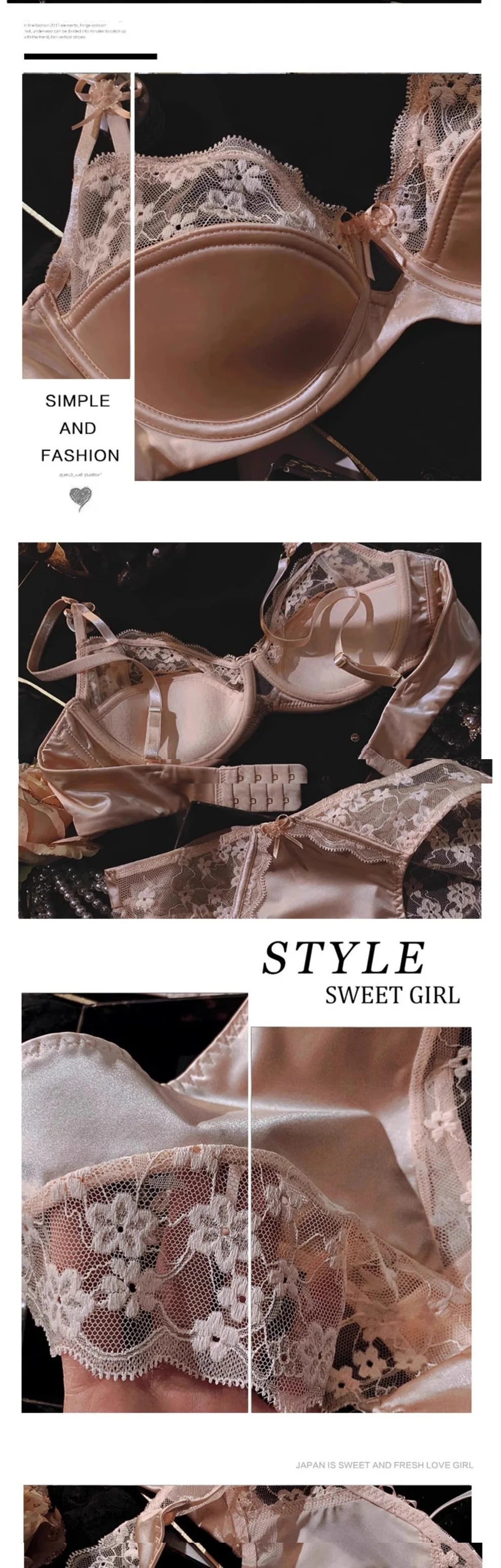 Sexy Lace Floral Bra Set Thin Section Breathable Small Breasts Gathered Collect Side Breasts Glossy Solid Color Underwear Set