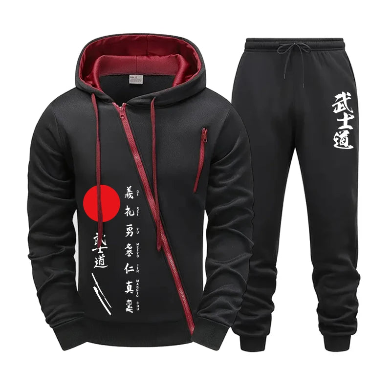 2025 New Arrival Men's Bushido Print Hoodie Sweatpants High Quality Male Outdoor Casual Sport Jogging Suit Motorcycle Zip Outfit