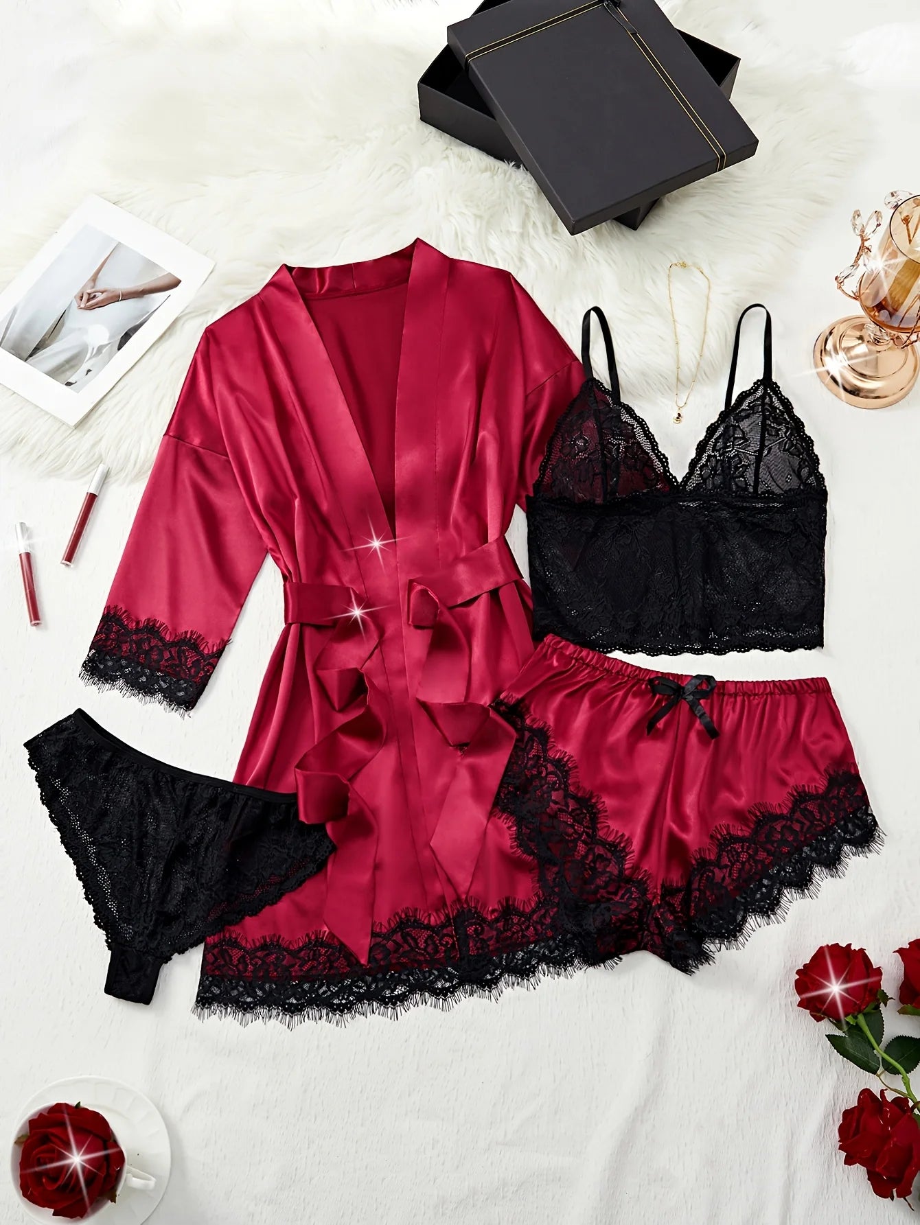 New Fashion Robe Lingerie Set Black Lace Bralette Thong Shorts Women's Luxury Sleepwear Nightwear Elegant Sexy Gift Bridal