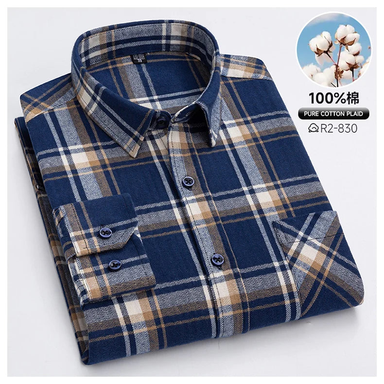 Pure Cotton Men's Plaid Shirts Long Sleeved Regular Fit Casual Office Fashion Shirts Leisure Autumn Male Check Blouses Plus Size