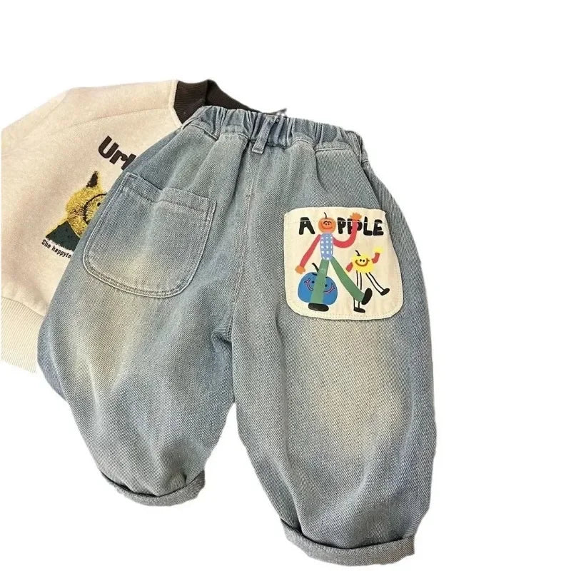 Spring and Autumn Boys' Jeans New Fashionable Simple Loose Casual Straight Tube Pants Baby Pants