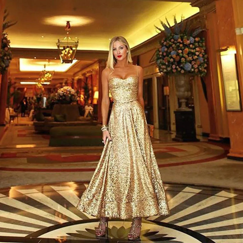 Summer New Cross-Border Wrap Chest Sequin Dress Large Skirt Banquet Evening Gown Elegant Metal Color Adult Women's Long Dress