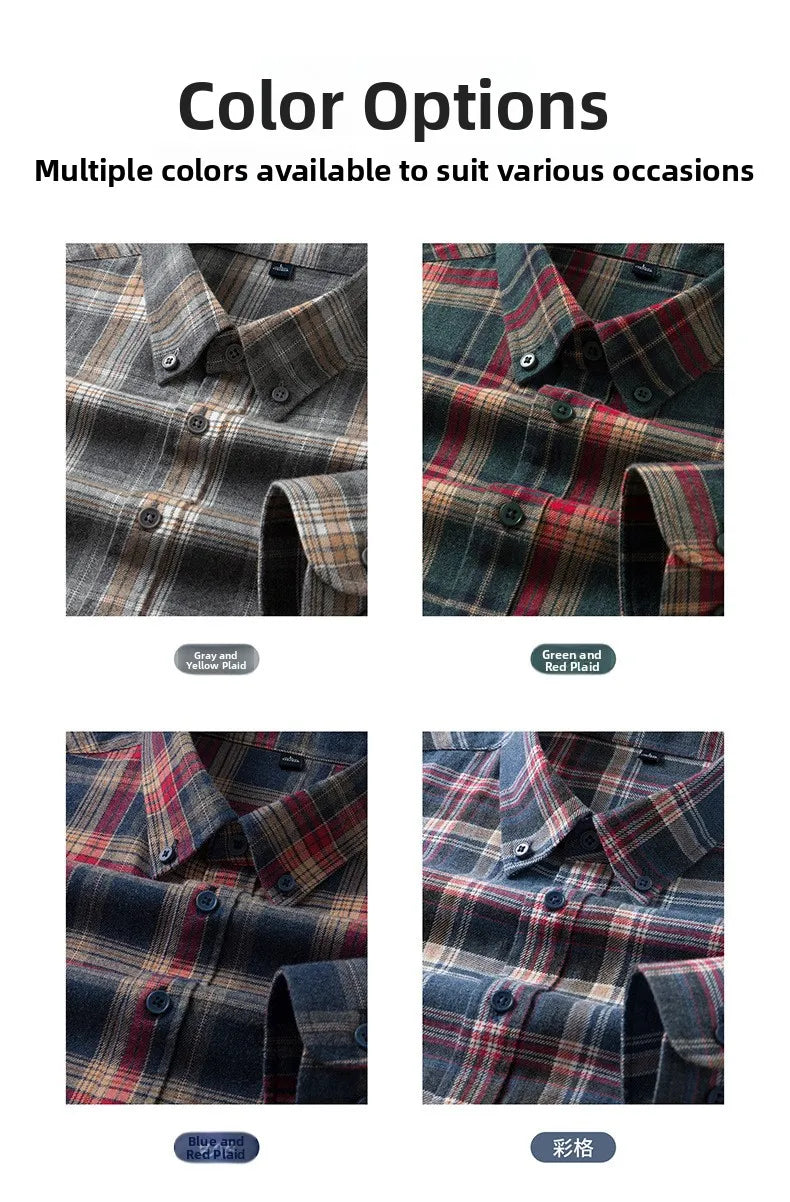 Men's Plaid Long Sleeve Shirt Fleece Finish Casual Style High End Feeling Autumn Winter Collection Fashionable Youth Urban Wear