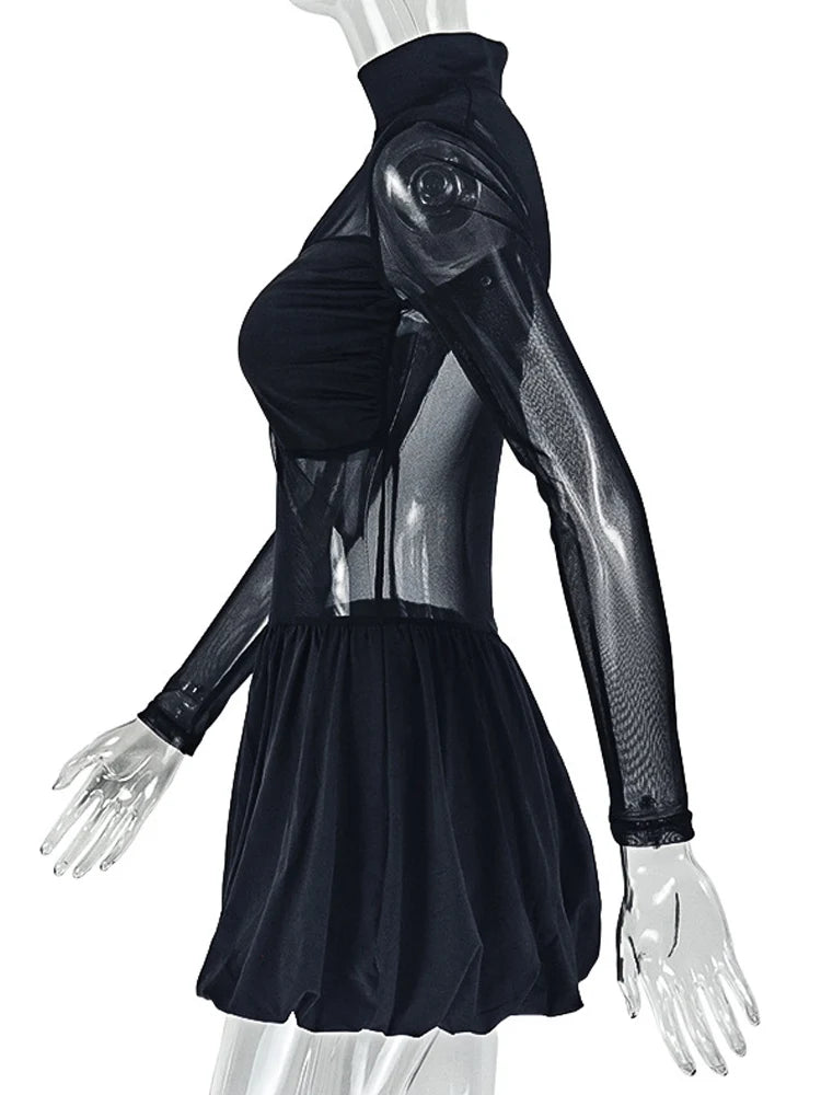 Beyprern Sexy Sheer Mesh Long Sleeve Mini Dress Y2K Women See Through Bodycon Short Skirt Stand Clubwear Party Outfit