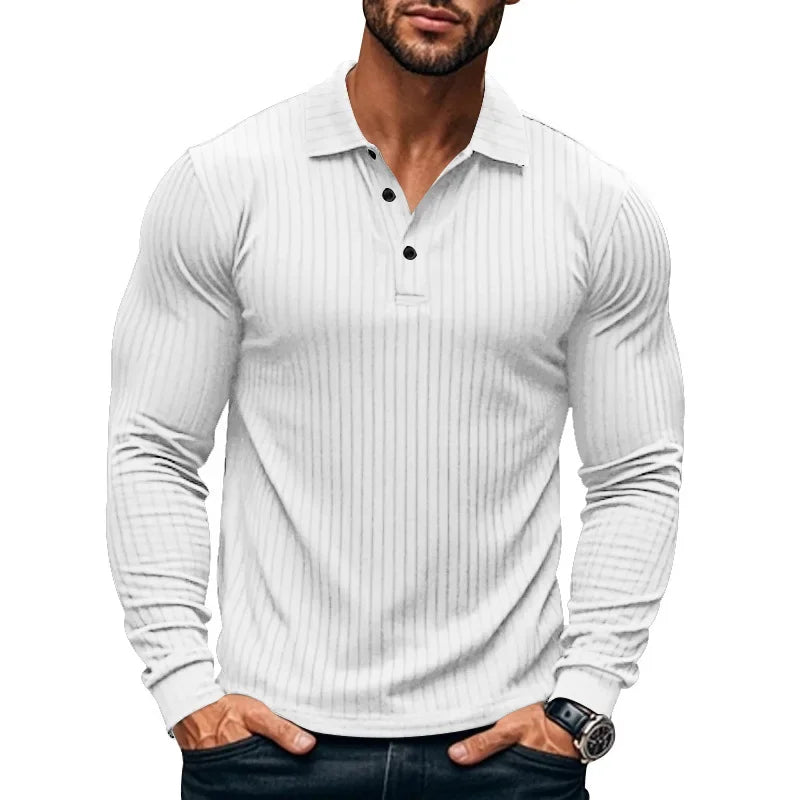 Men's Autumn  Classic Casual  Elastic Pit Strip Polo ShirtAmerican  Lapel Button-up Long-Sleeved T-shirt