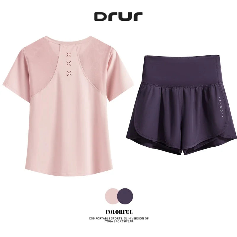 DRUR Women Summer Breathable Short Sports Set Loose Fit Workout Suit for Women 2 Piece Running Tracksuit Sportswear Outfit New