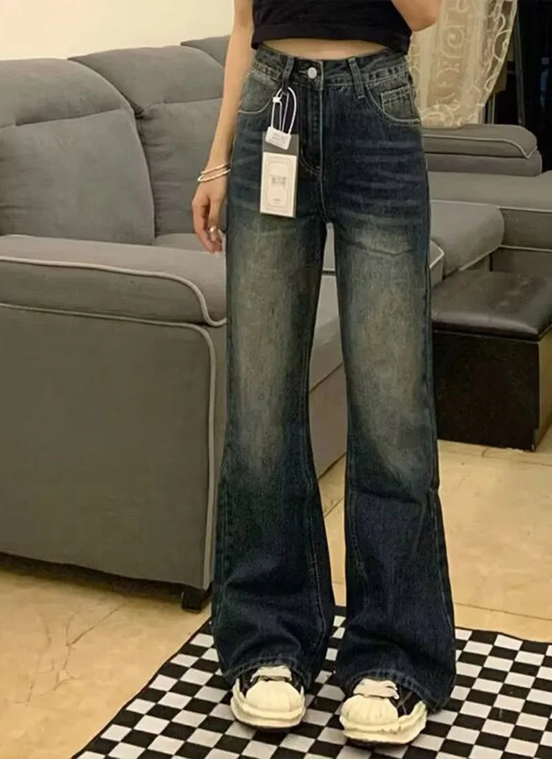 Retro Micro Denim Pants Women Jeans Straight Fit Spring-autumn Style Pear-shaped Figure Large Size High Waist Slimming Effect