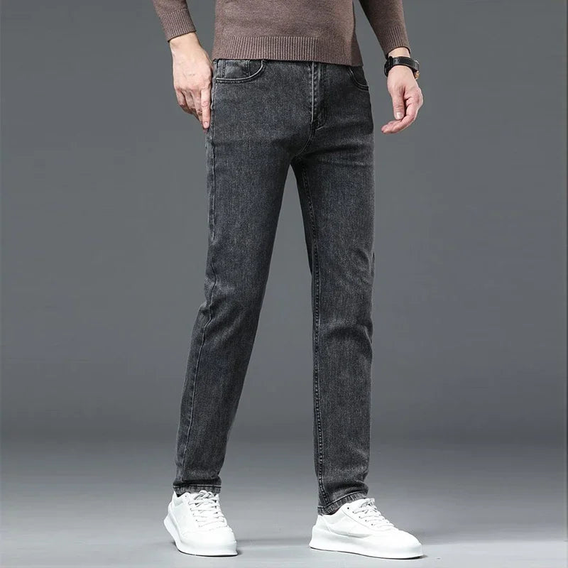 Amekaji Men Fashion  Slim Fit Jeans Male Elasticity Smart Casual Mid Classics Straight Denim Pants Wedding Party Black Trousers