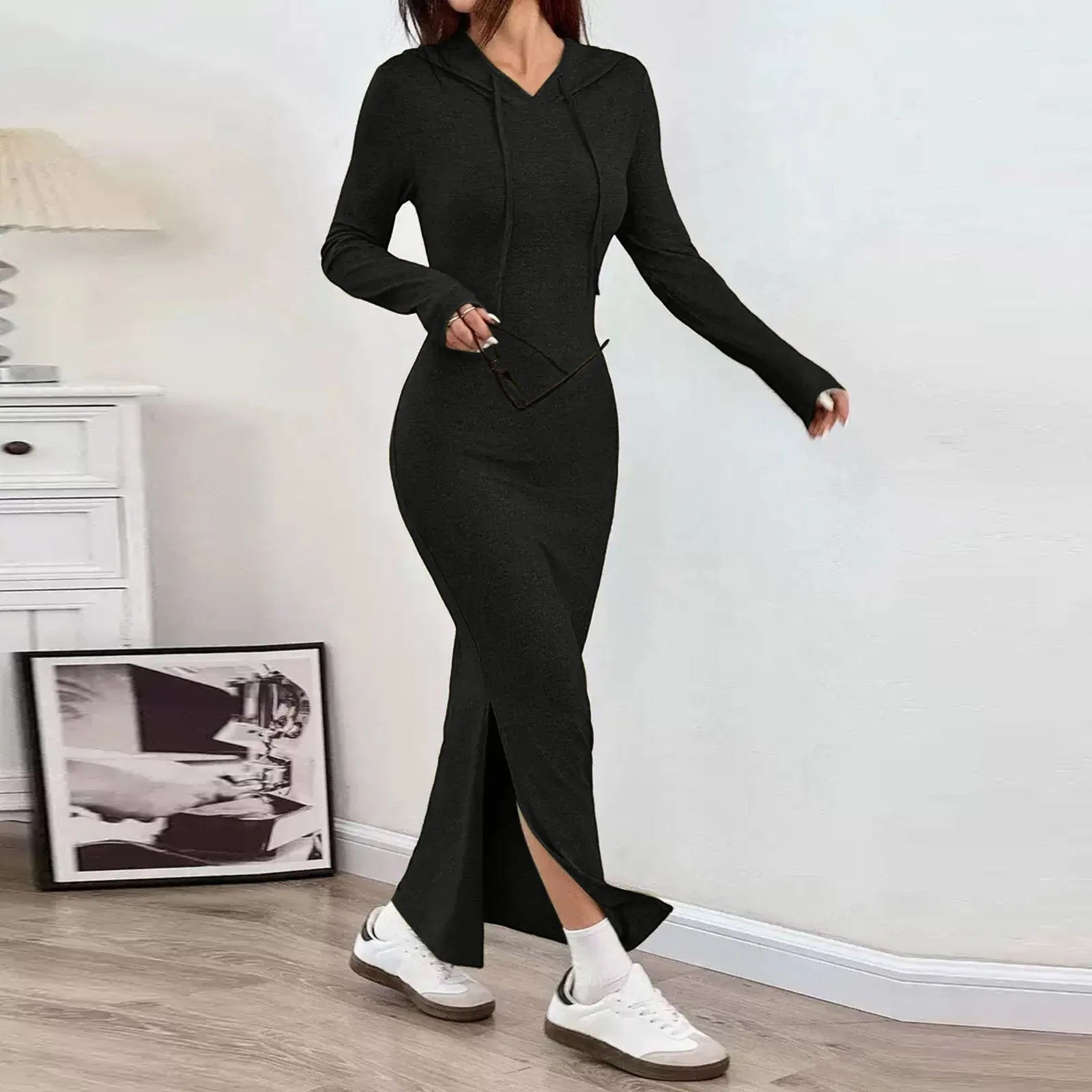 Women's Long Dress High Waisted Slim Fitting Pencil Skirt Bodysuit Fashion Long Dress Casual Dresses Sweatshirt Hooded Dress
