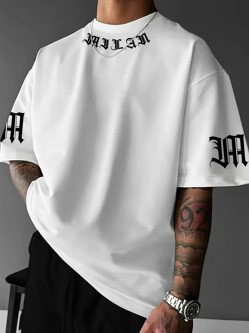 A new men's T-shirt for the summer of 2025 featuring casual and fashionable letter prints and breathable streetwear style