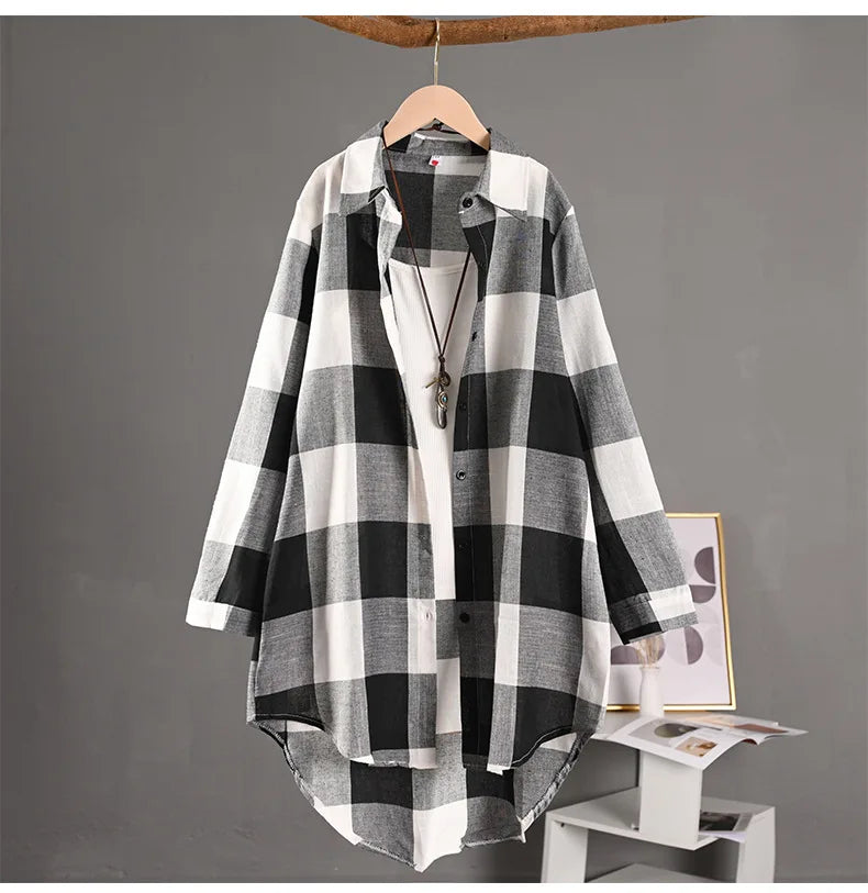 Women's Plaid Shirt Casual Blouses Woman Tops for Women Long Sleeve Long Sleeve Shirts Chic Blouse Check Linen Cotton Clothing