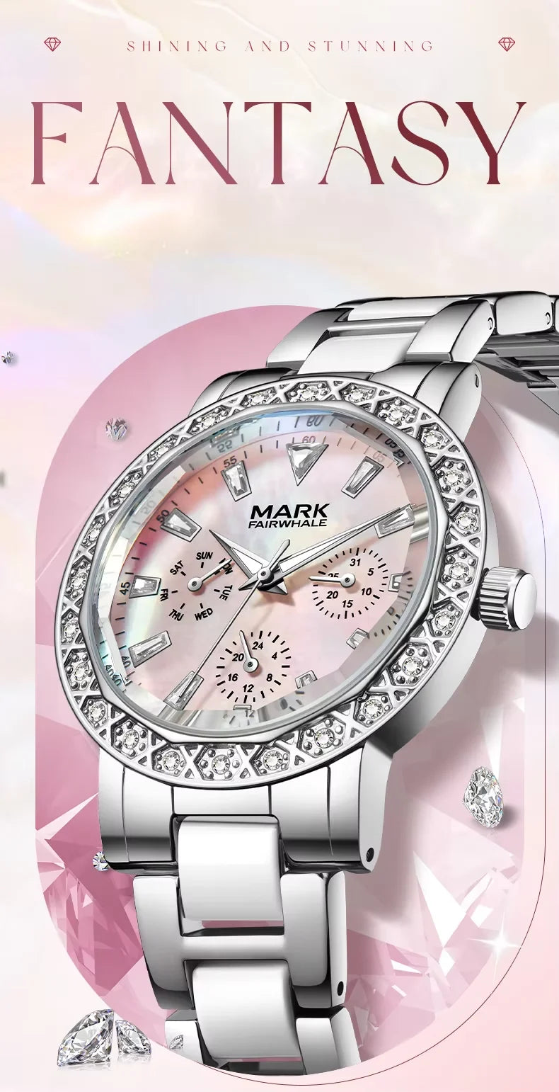 Mark Fairwhale Dress Pink Diamond Watch For Women Fashion Ceramic Chain Quartz Watch Luxury Brilliant Beimu Wristwatch Ladies