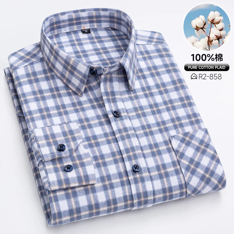 Pure Cotton Men's Plaid Shirts Long Sleeved Regular Fit Casual Office Fashion Shirts Leisure Autumn Male Check Blouses Plus Size