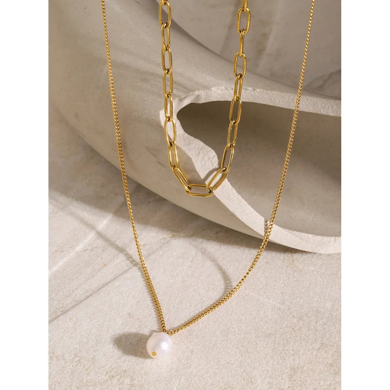 18K Gold Plated Non-Tarnishing Women's Stainless Steel Pearl NecklaceinsFashionable Simple Double Layer Stacked Long Chain Titan